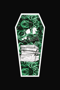 Image 2 of Coffin shaped laminated bookmark//skull//books//cobwebs//roses