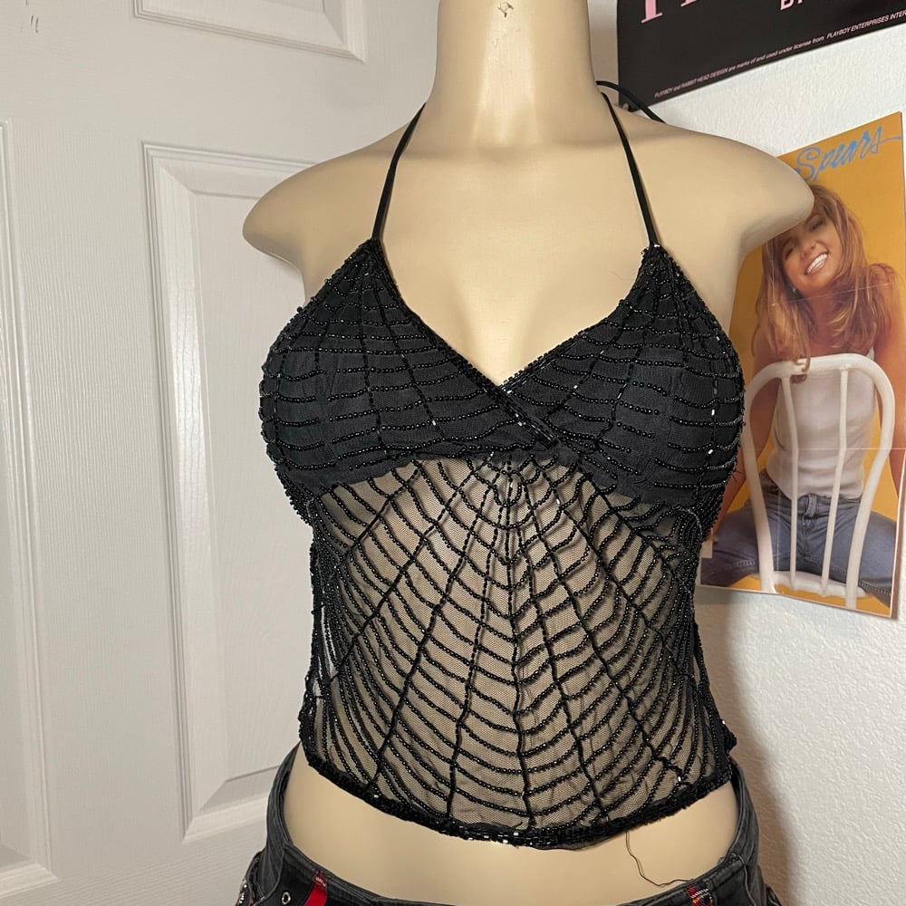Image of VTG BEADED TIE TOP SZ S