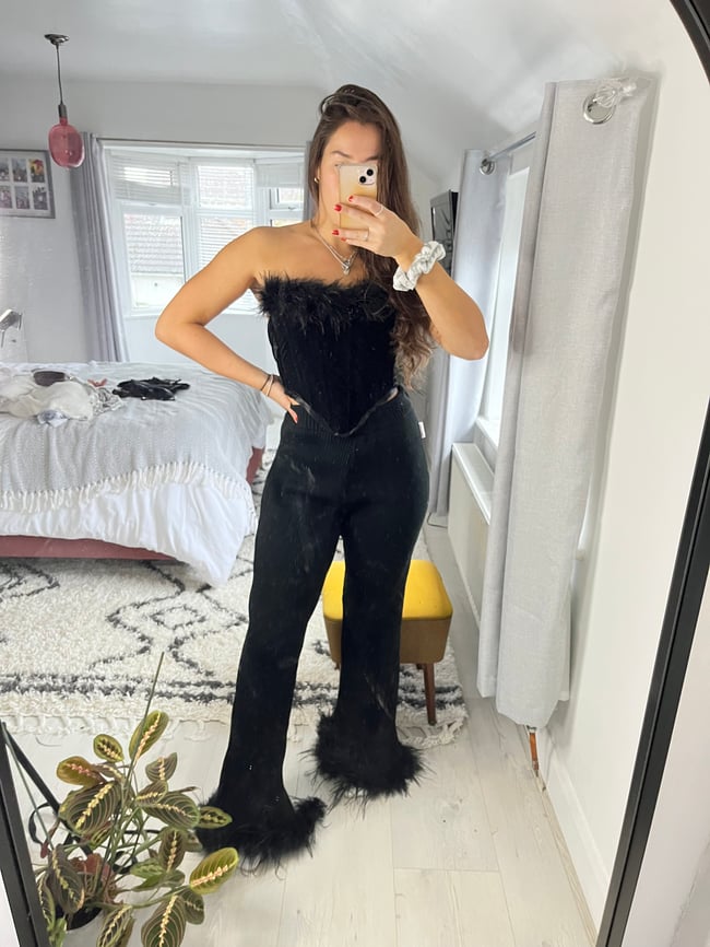 multiple colours* ribbed knit/or velvet feather trim flares 