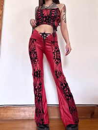 Image 1 of Fire Flocked Pleather Flares in Red (made to order)