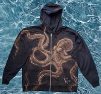 Image 1 of “WATER BABY” CUSTOM BLEACH PAINTED ZIP UP HOODIE XL