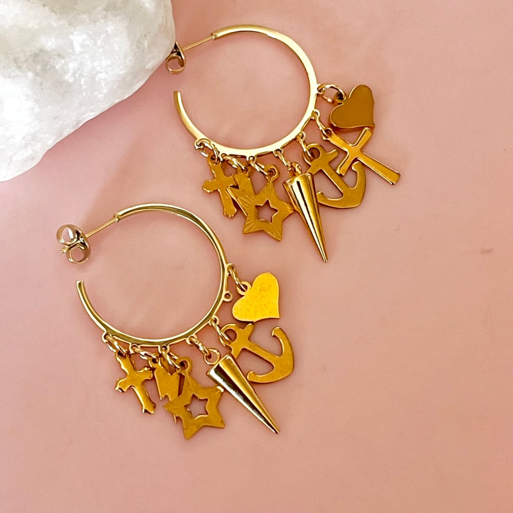 Image of One of a Kind Earrings - Multi charm Half Hoops