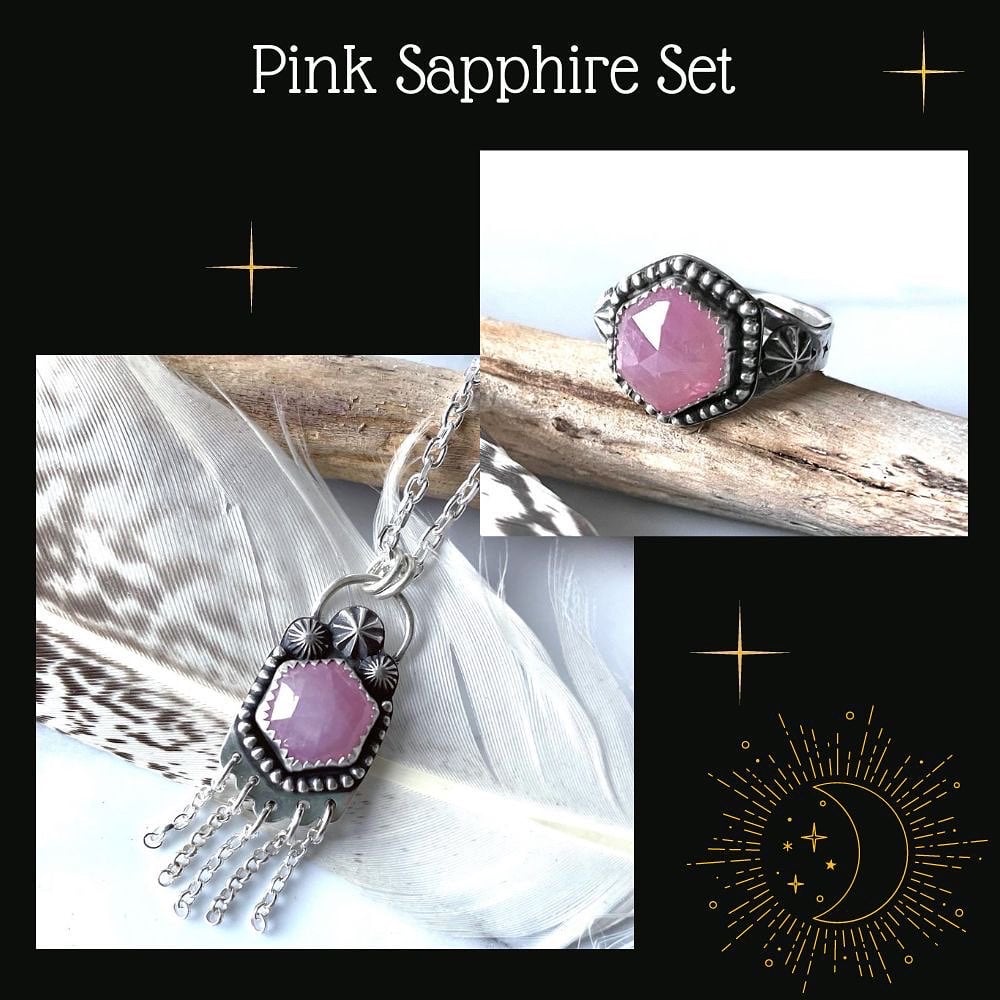 Image of Handmade Pink Sapphire Necklace And Ring Set Sterling Silver 925