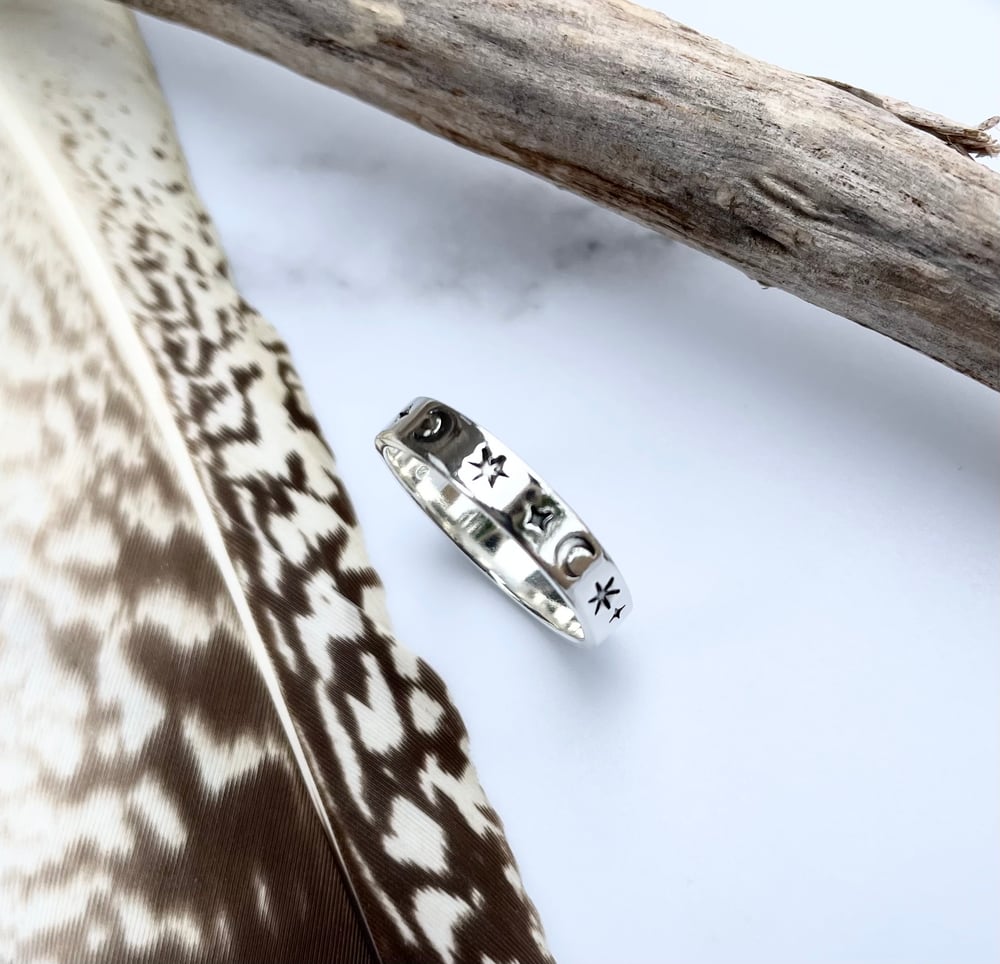 Sterling Silver Star and Moon Ring, Hand Stamped