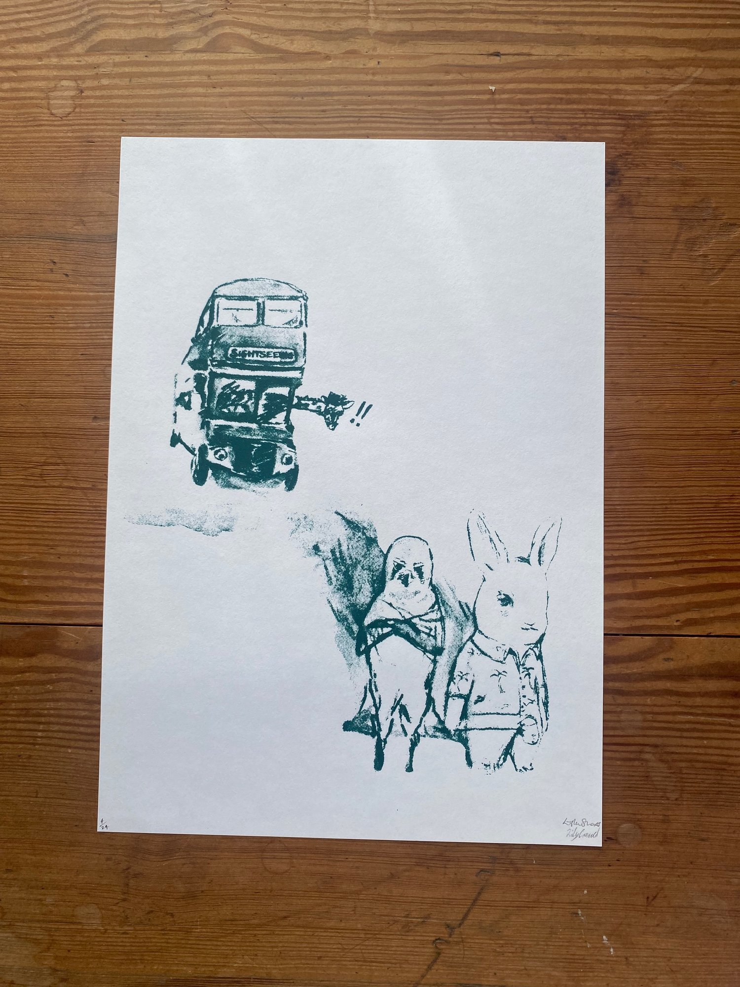 A4 Bunny and Kestrel bus screenprint