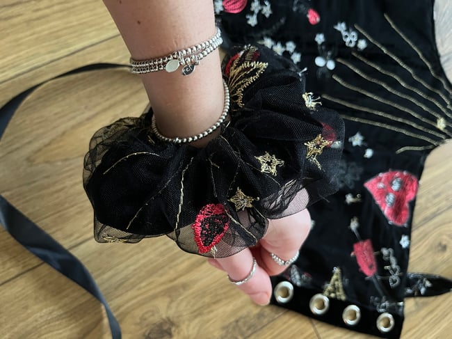 Gold embroidered star and moon scrunchie