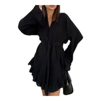 Image 7 of White Long Sleeve Pajama Nightgown with Tie Waist and V-Neckline for Loungewear and Nightwear