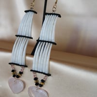 Image 4 of 2 Tier Dentalium Earrings (Rose Quartz Hearts)
