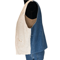 Image 4 of Reversible Upcycled Denim and Cream Textured Women’s Vest with Crochet  Appliqué - Size L 
