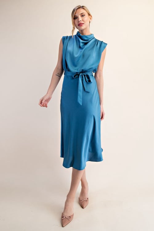 Image of  Mock Neck Sleeveless Midi Dress- Blue