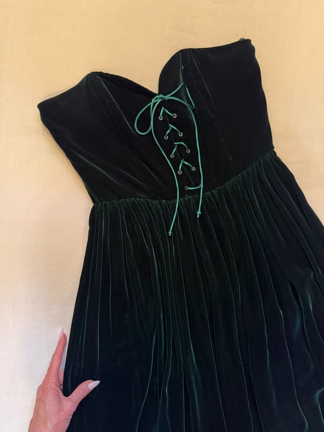 70s emerald green velvet strapless lace up corset dress
