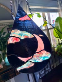 Image 2 of Celestial Stained-Glass Moon & Cloud Teardrop Panel - Opal Pink & Black Celestial Window Hanging