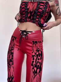 Image 4 of Fire Flocked Pleather Flares in Red (made to order)