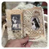 Image 8 of Vintage white tin with snippet book and lace samples