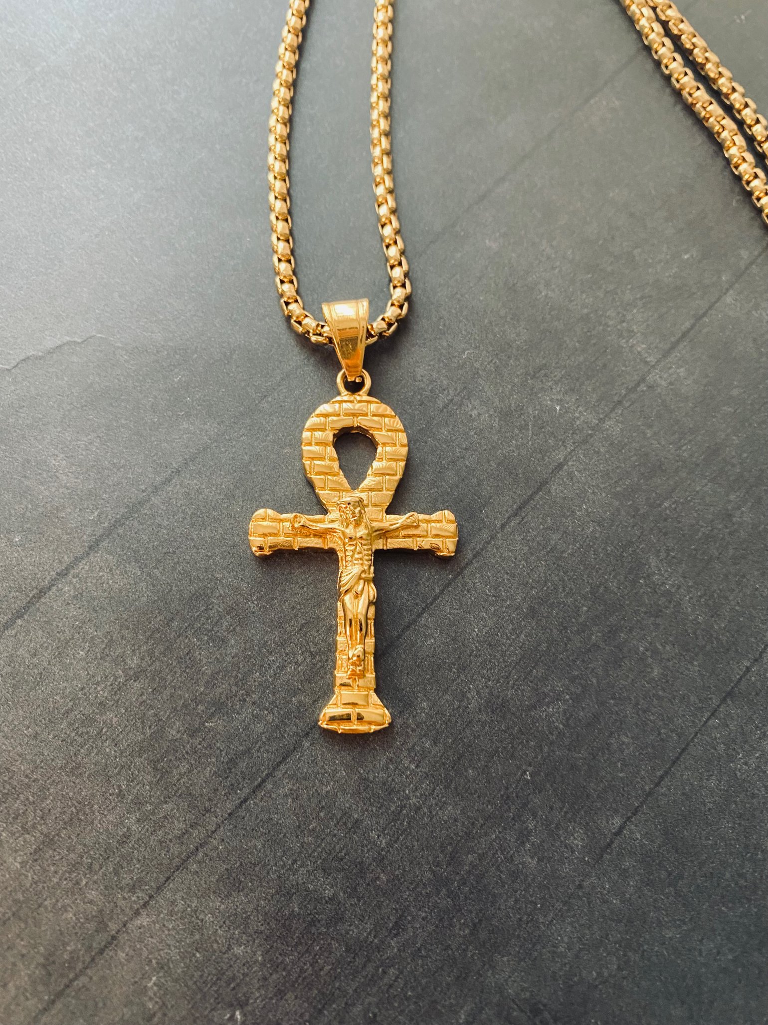 Image of “He Has Risen” 14k Gold Plated Titanium Steel Ankh  Pendant & Chain 
