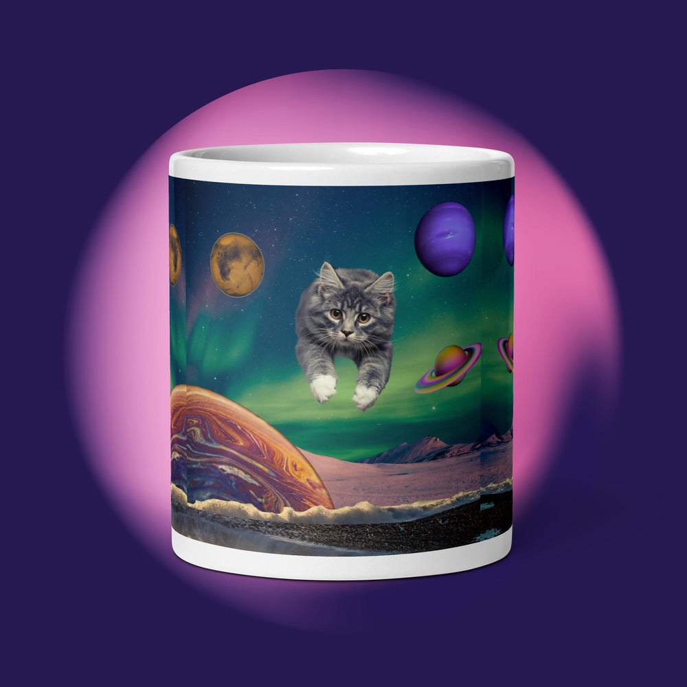 Image of Cat Flying Through Space - 11 oz White Glossy Mug