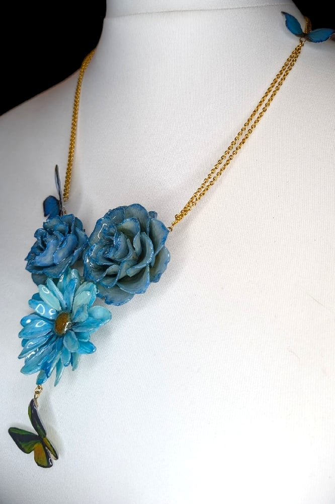 Image of OOAK Blue Rose & Art Butterfly Necklace 