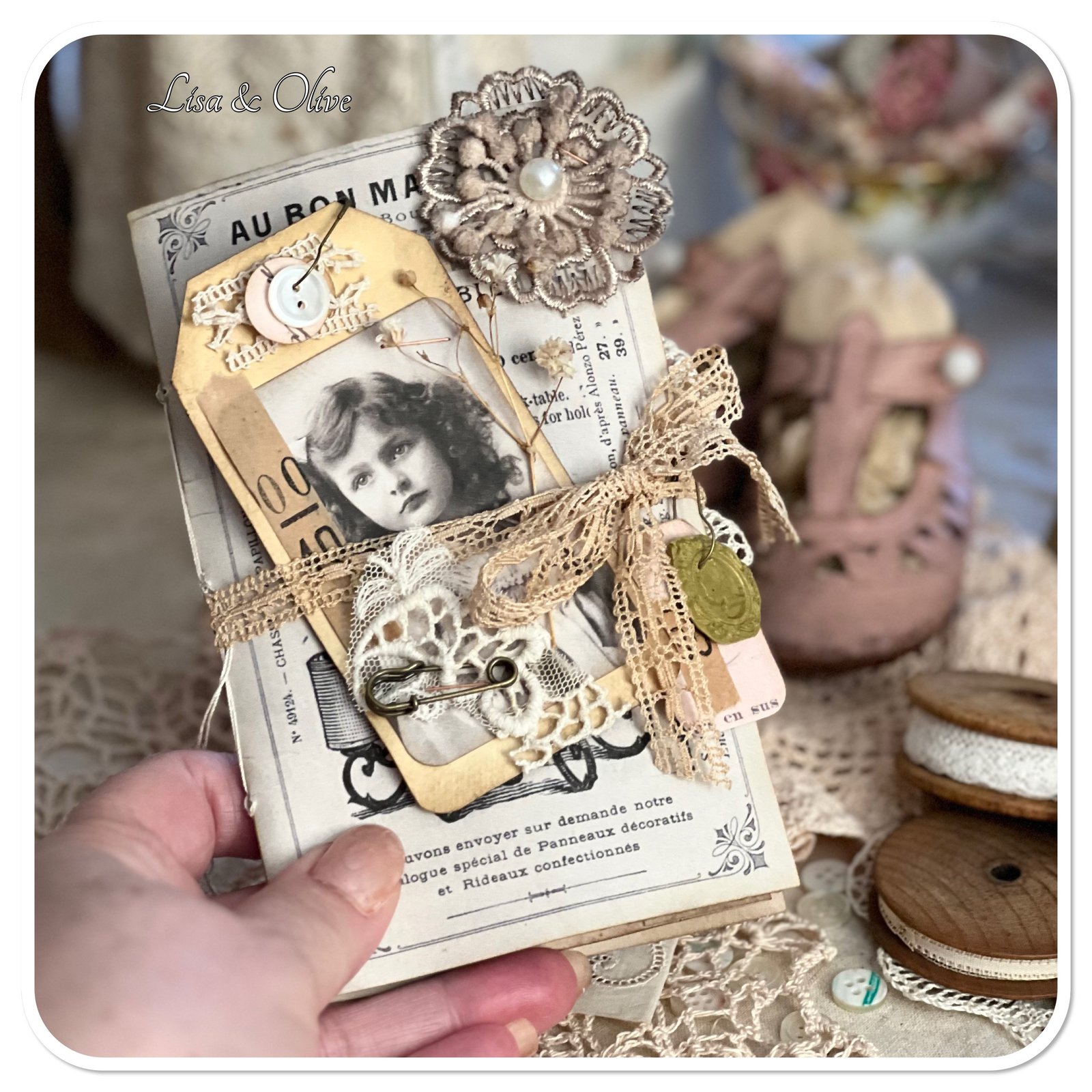 Vintage french lace sample folder Junk Journal | Lisaandolive