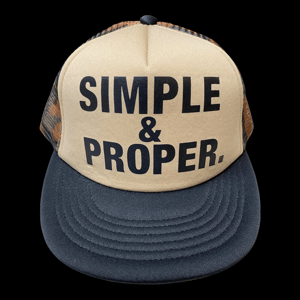 Image of S&P-“Stacked Type” Logo Foam/Mesh SnapBack Trucker Cap (Brown/Camo.)