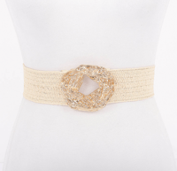 Beige Metal Buckle Elastic Faux Straw Belt