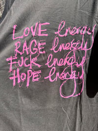 Image 1 of Energies Black Shirt with Purple Writing Size 24 70s Style