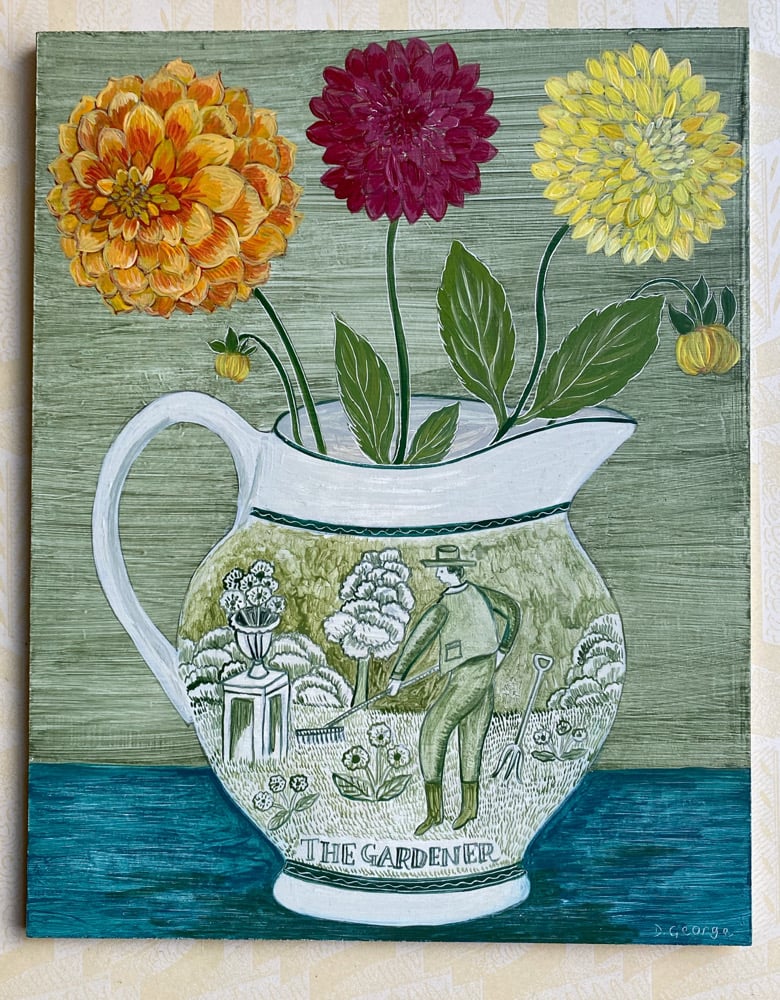 Image of Gardener jug and Dahlias