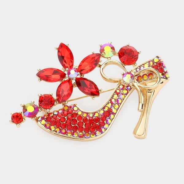 Image of GOLD SHOE BROOCH RED STONES