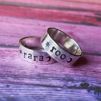 Image 2 of Personalised silver name ring with star and moon. Celestial silver 925 stamped word ring.