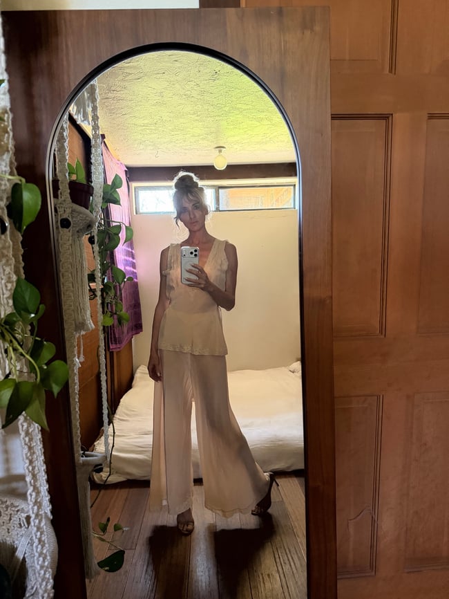 1920s 30s silk and lace pajama set lingerie beach lounge trousers