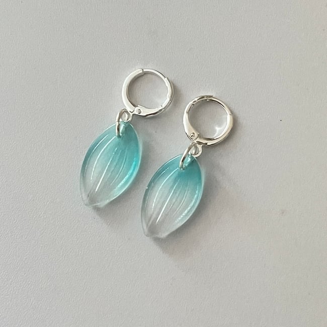 glass aqua petal silver huggie hoops
