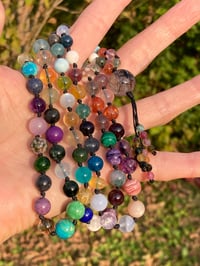 Image 2 of Rainbow Gemstone Hand Knotted Necklace with Tourmalinated Quartz Focal Bead and Rainbow Tassel