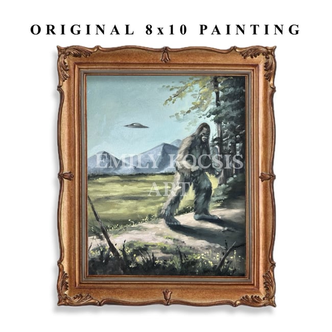 Original 8x10 Bigfoot / Sasquatch and UFO Oil Painting