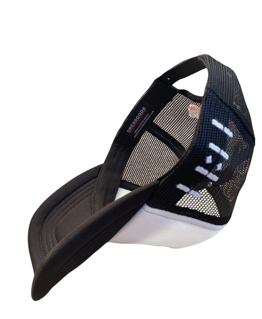Image of PEACE LOVE and BALANCE black on black trucker 
