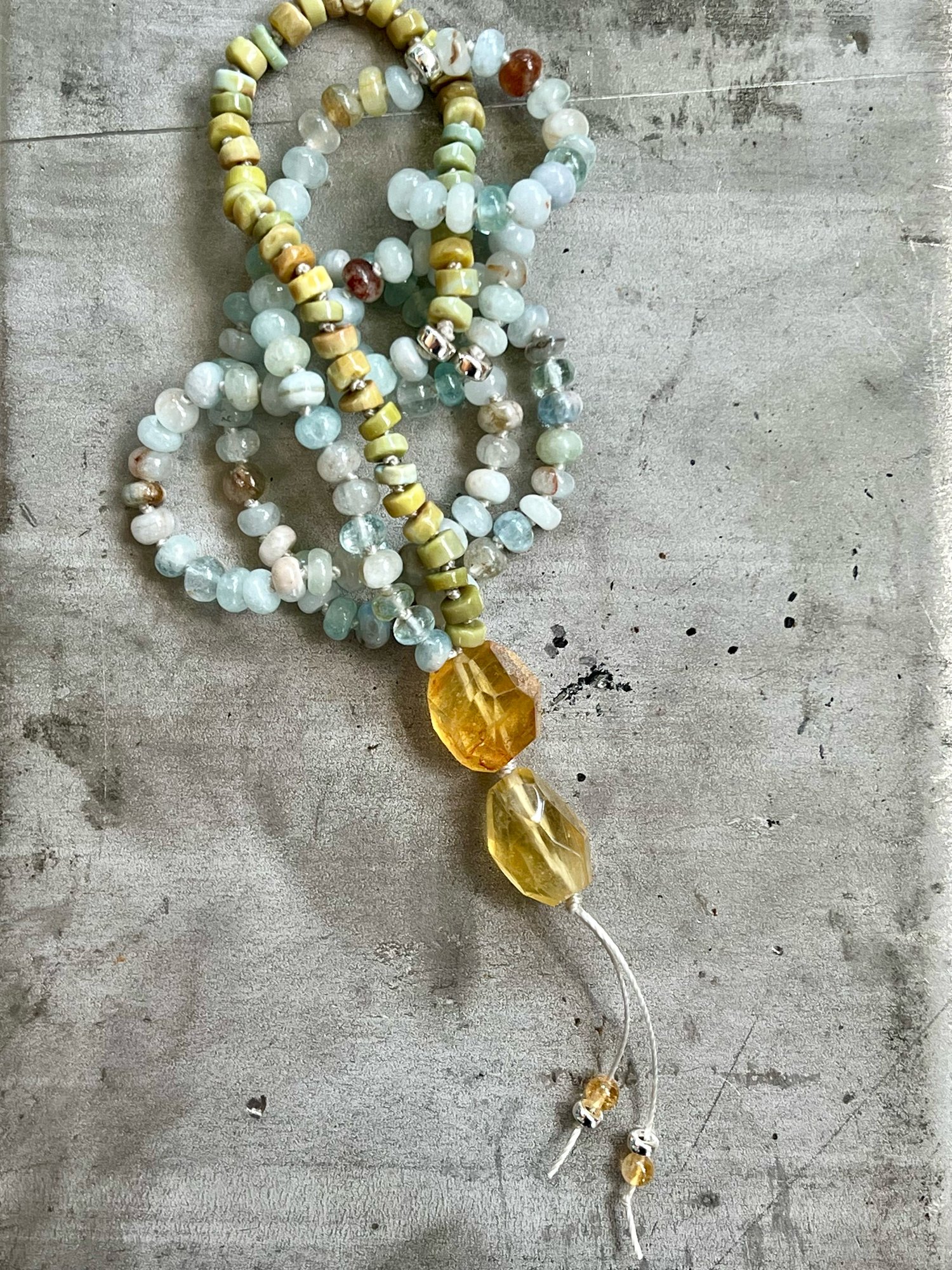 Image of Aquamarine, Rutilated Quartz, & Green Opal Beaded Necklace