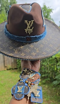 Image 1 of Brown & Denim Fedora hat & 3 Stack