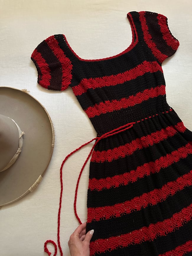 70s black and red crochet dress
