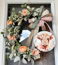 Image 1 of Spring Highland Cow Grapevine Wreath