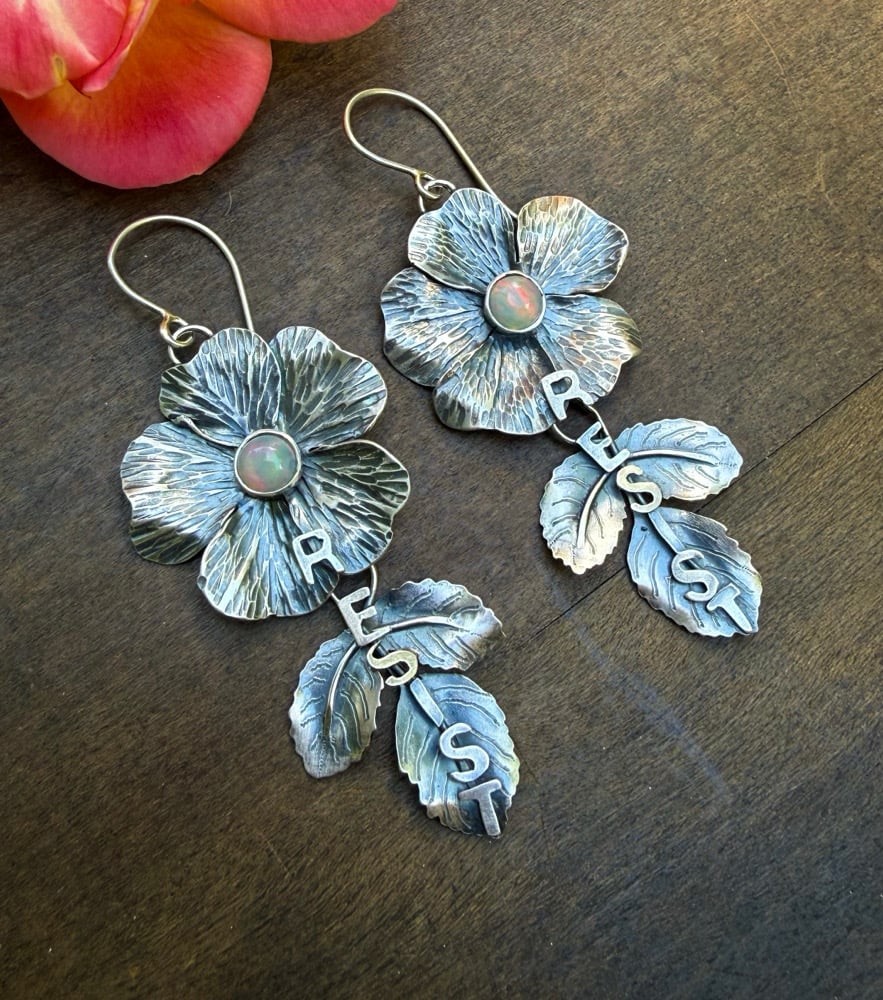 Image of Dog Rose Flower "RESIST" Ethiopian Opal Earrings