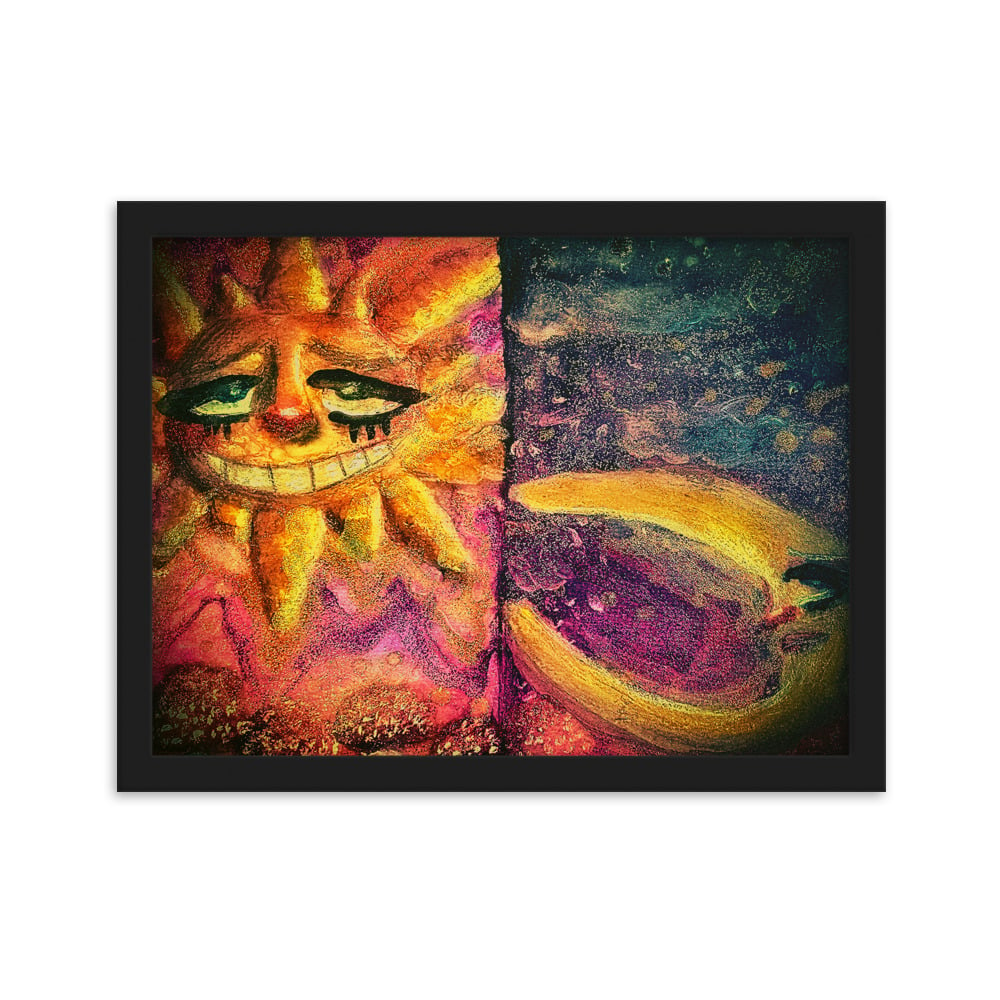 Image of Trippy Psychedelic Sun and Moon Framed Painting