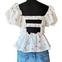 Image 4 of Boho Festival White Rose Floral Eyelet Overlay Babydoll Top with Puff Sleeve - Size M - Trixxi