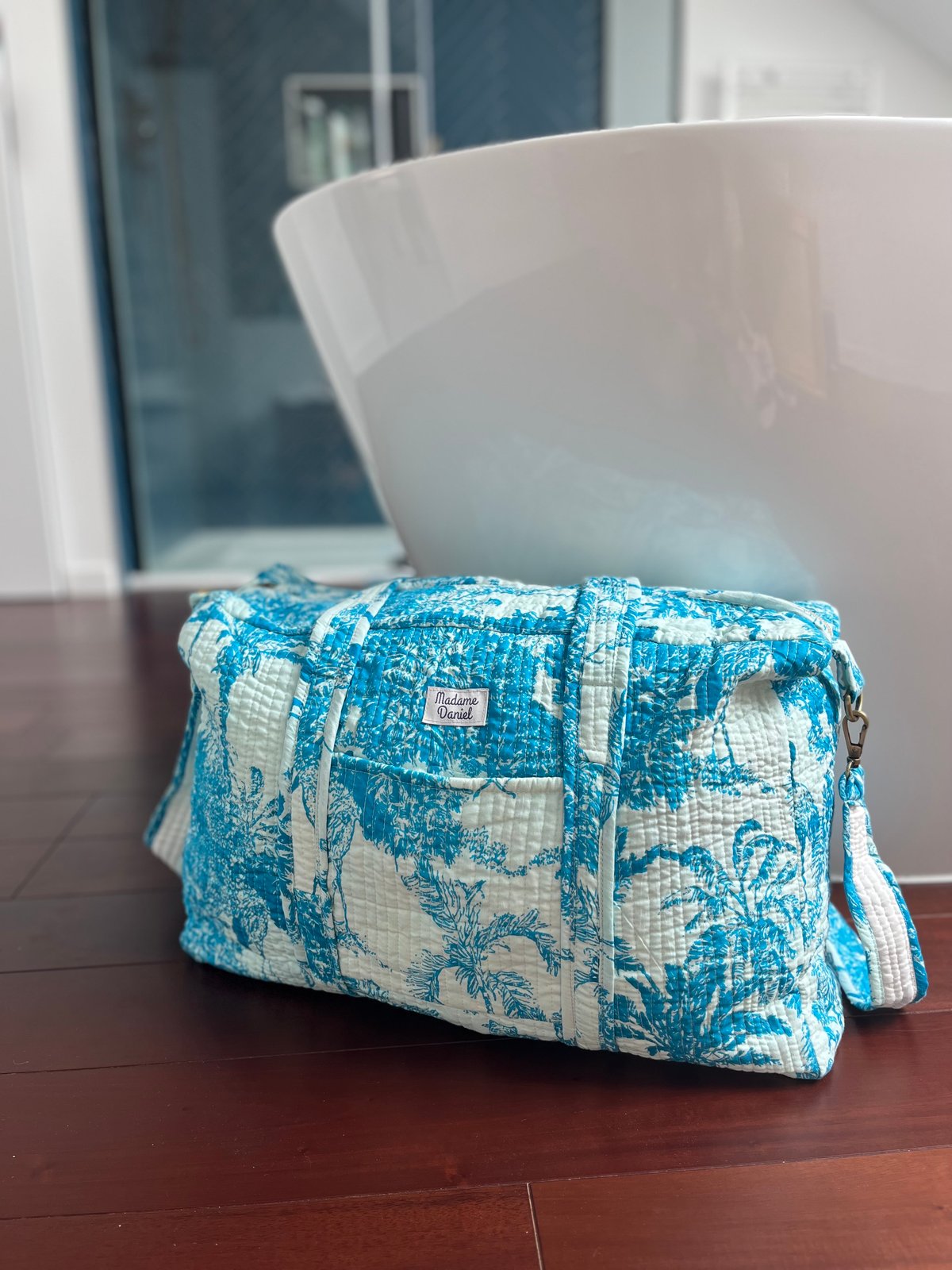 Sac week end Toile de Jouy bleu turquoise