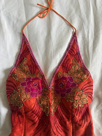 Image 2 of Vintage Y2K Aftershock style silk orange and pink beaded and sequin halter neck corset style top 