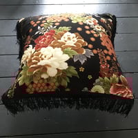 Image 5 of Japanese floral chrysanthemum print cushion cover with gold pink or black fringe