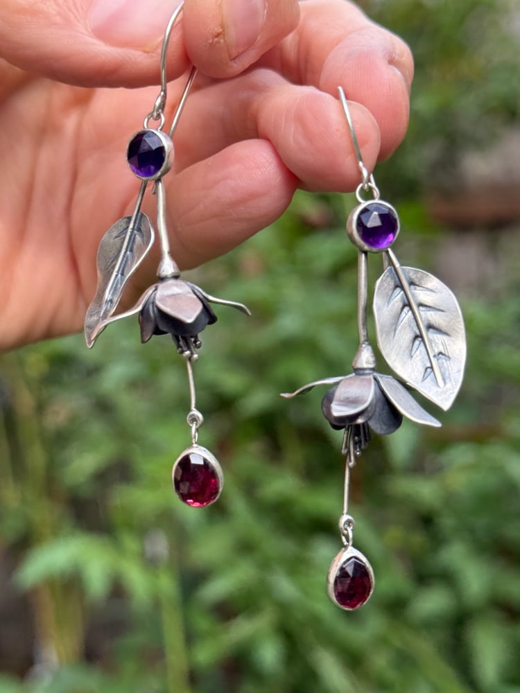 Image of Fuchsia Flower Leaf Dangle Earrings Rhodolite Amethyst
