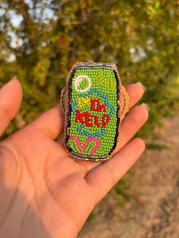 Image of Native beaded Diet Dr. Kelp pin and keychain Krusty Krab Pizza