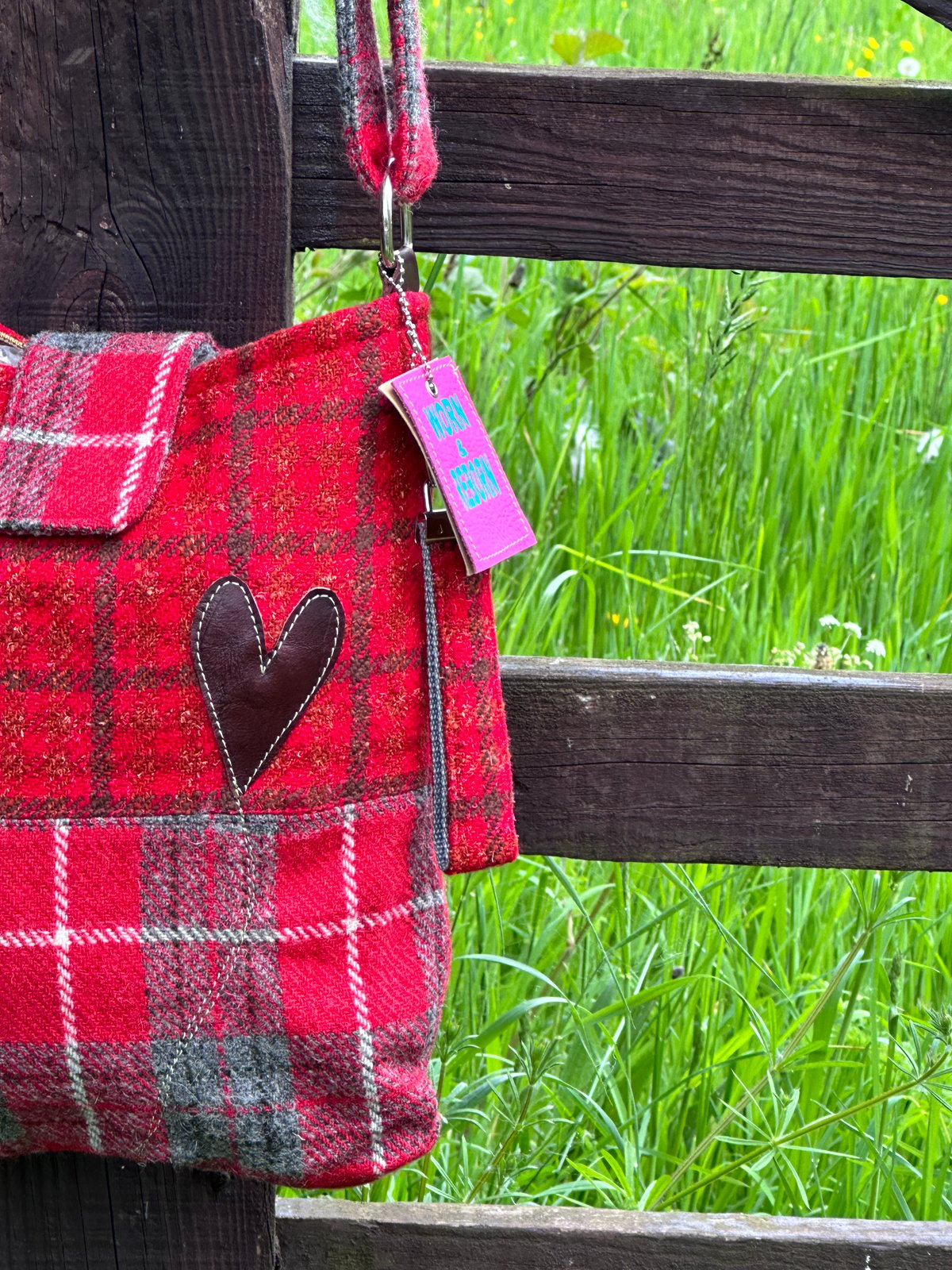 Red tartan upcycled Harris Tweed handbag