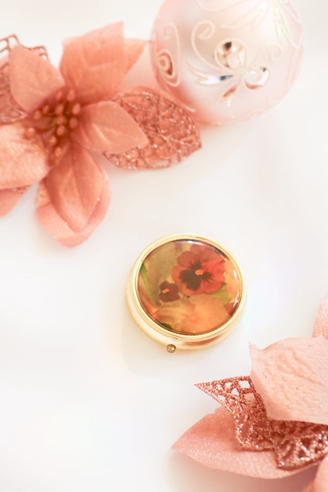 Image of Gold Toned Pansy and Iris Pill Box