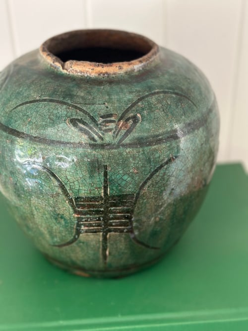 Image of Antique Chinese Calligraphy Jar  Dark Green