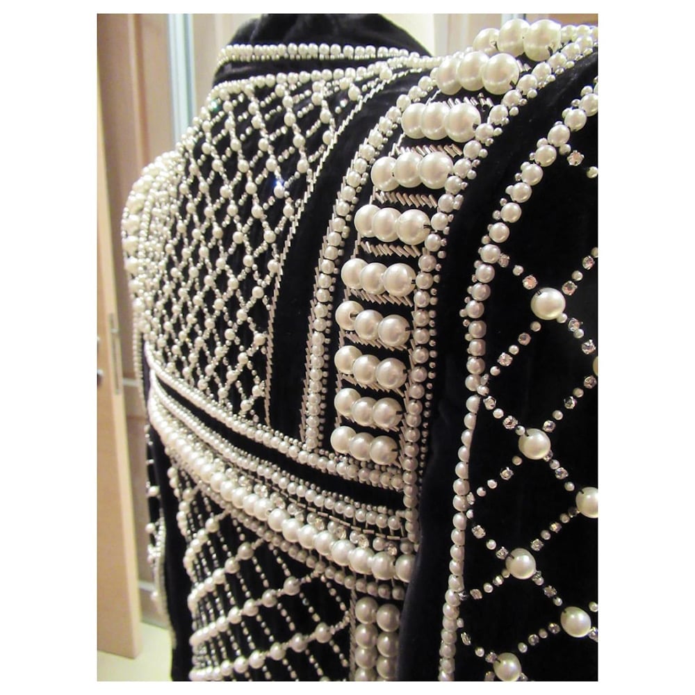 Image of BALMAIN x HM BLACK VELVET EMBELLISHED BLAZER DRESS (US 10/EU 40)