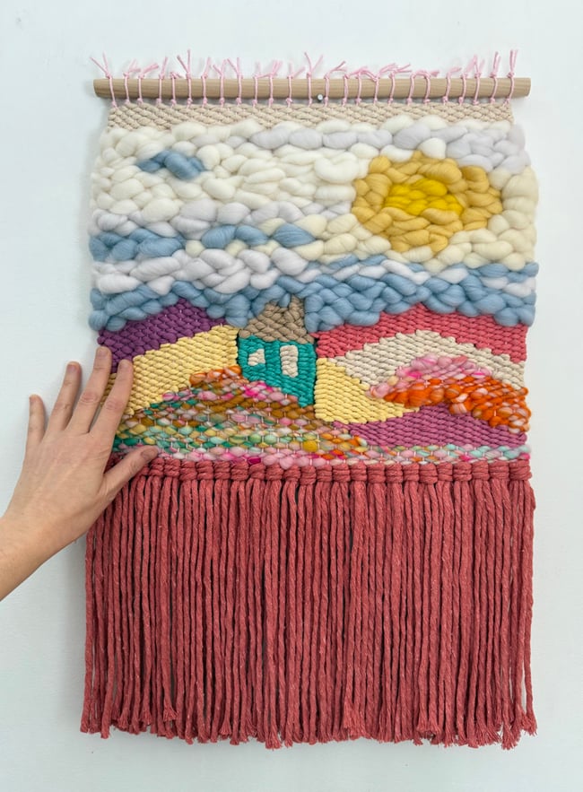 Little blue house & the rainbow mountains. Woven wall hanging.